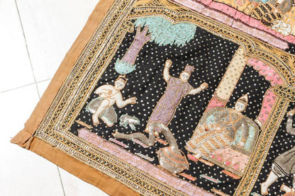 Asian Large Vintage Burmese Kalaga Beads Embroidered Tapestry