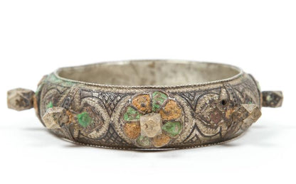 Moroccan Berber Silver Bracelet with Green and Orange Enamel