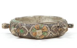 Moroccan Berber Silver Bracelet with Green and Orange Enamel