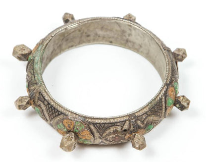 Moroccan Berber Silver Bracelet with Green and Orange Enamel