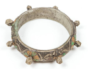 Moroccan Berber Silver Bracelet with Green and Orange Enamel