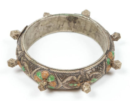 Moroccan Berber Silver Bracelet with Green and Orange Enamel