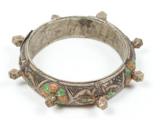Moroccan Berber Silver Bracelet with Green and Orange Enamel