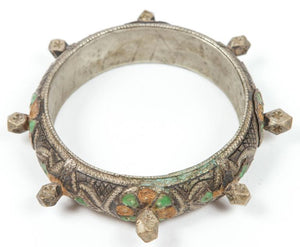 Moroccan Berber Silver Bracelet with Green and Orange Enamel