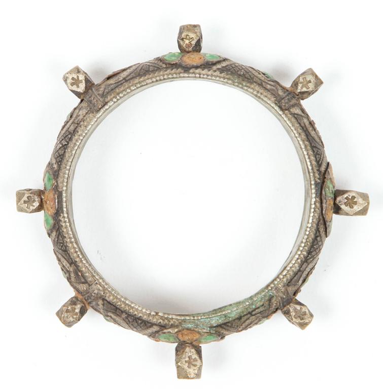 Moroccan Berber Silver Bracelet with Green and Orange Enamel