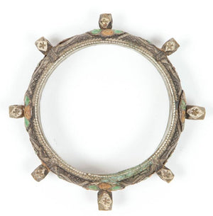 Moroccan Berber Silver Bracelet with Green and Orange Enamel