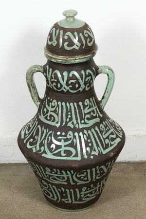 Pair of Moroccan Green and Brown Chiselled Ceramic Urns with Handles