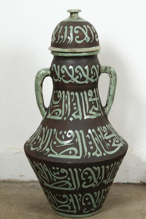 Pair of Moroccan Green and Brown Chiselled Ceramic Urns with Handles