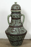 Pair of Moroccan Green and Brown Chiselled Ceramic Urns with Handles
