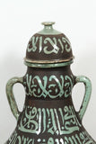 Pair of Moroccan Green and Brown Chiselled Ceramic Urns with Handles