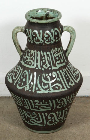 Pair of Moroccan Green and Brown Chiselled Ceramic Urns with Handles