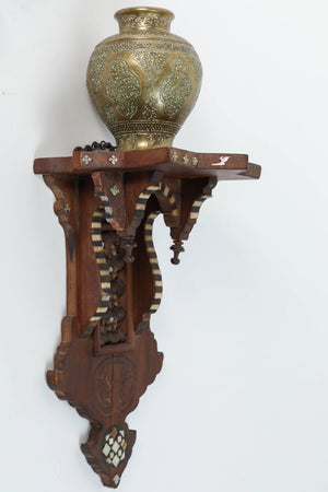 Persian Engraved Ghalam-Zani Brass Islamic Vases with Wooden Wall Brackets