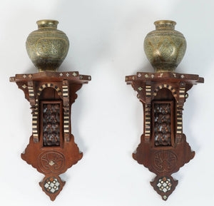 Persian Engraved Ghalam-Zani Brass Vases with Wooden Wall Brackets