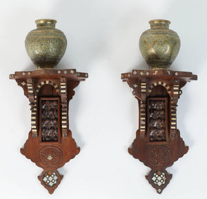 Persian Engraved Ghalam-Zani Brass Islamic Vases with Wooden Wall Brackets