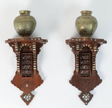 Persian Engraved Ghalam-Zani Brass Islamic Vases with Wooden Wall Brackets