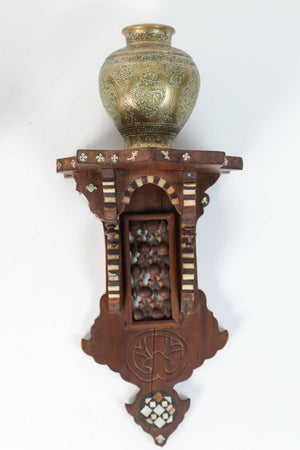 Persian Engraved Ghalam-Zani Brass Vases with Wooden Wall Brackets