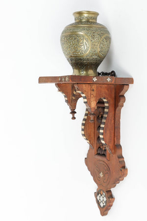Persian Engraved Ghalam-Zani Brass Islamic Vases with Wooden Wall Brackets