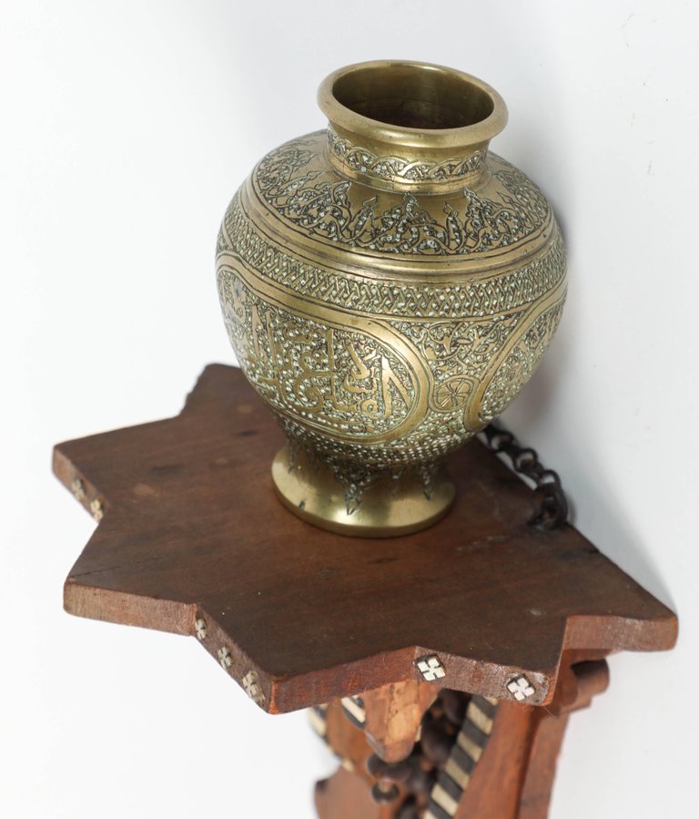 Persian Engraved Ghalam-Zani Brass Islamic Vases with Wooden Wall Brackets