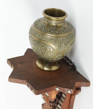 Persian Engraved Ghalam-Zani Brass Islamic Vases with Wooden Wall Brackets