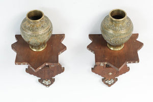 Persian Engraved Ghalam-Zani Brass Vases with Wooden Wall Brackets