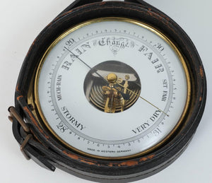 Brass German Barometer with Readings in English Wrapped in Leather, Adnet Style