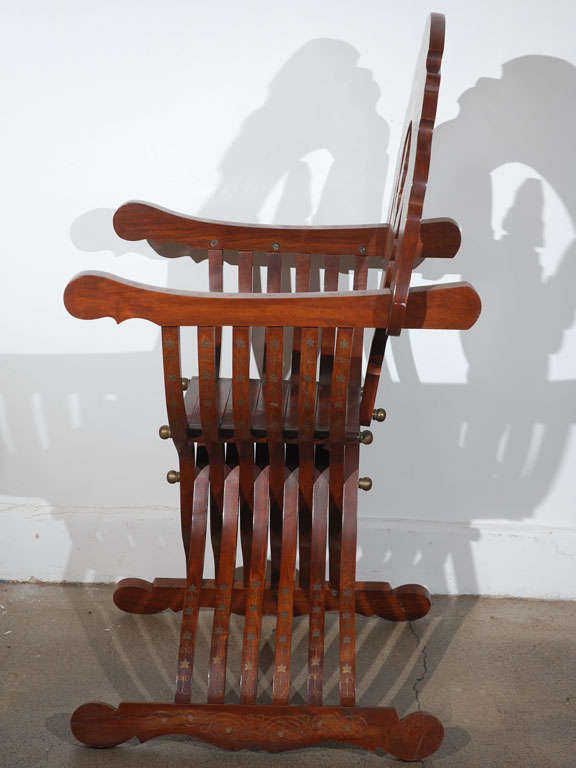 Moorish Anglo Indian Armchair, Brass Inlaid, Hand-Crafted, 1950, Syria