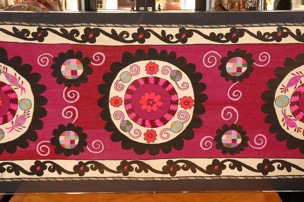 Vintage Uzbek Suzani Silk Embroidery in Lucite Frame, Floral Medallions