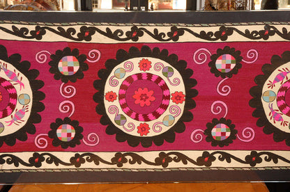 Vintage Uzbek Suzani Silk Embroidery in Lucite Frame, Floral Medallions