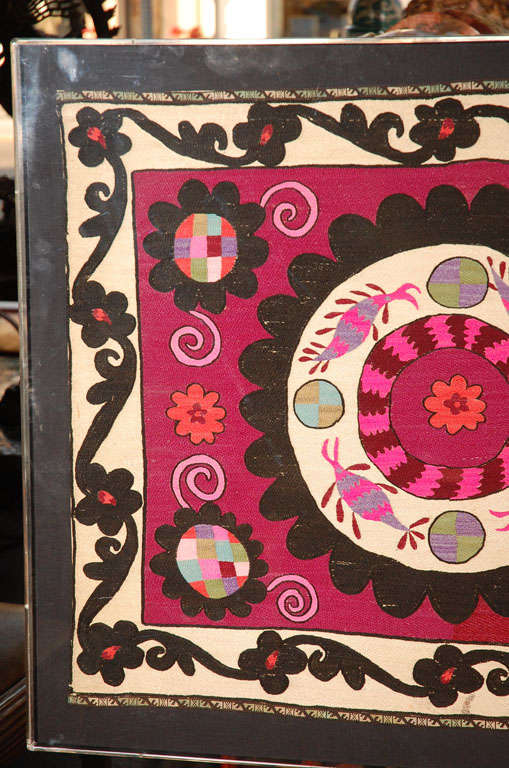 Vintage Uzbek Suzani Silk Embroidery in Lucite Frame, Floral Medallions