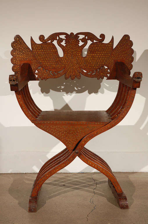 19th Century Anglo-Indian Brass Inlaid Savonarola Chair with Peacocks
