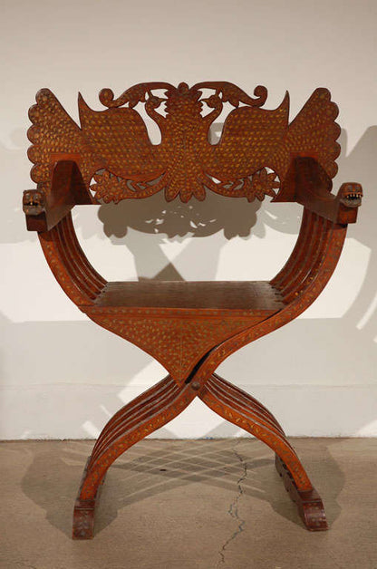 19th Century Anglo-Indian Brass Inlaid Savonarola Chair with Peacocks