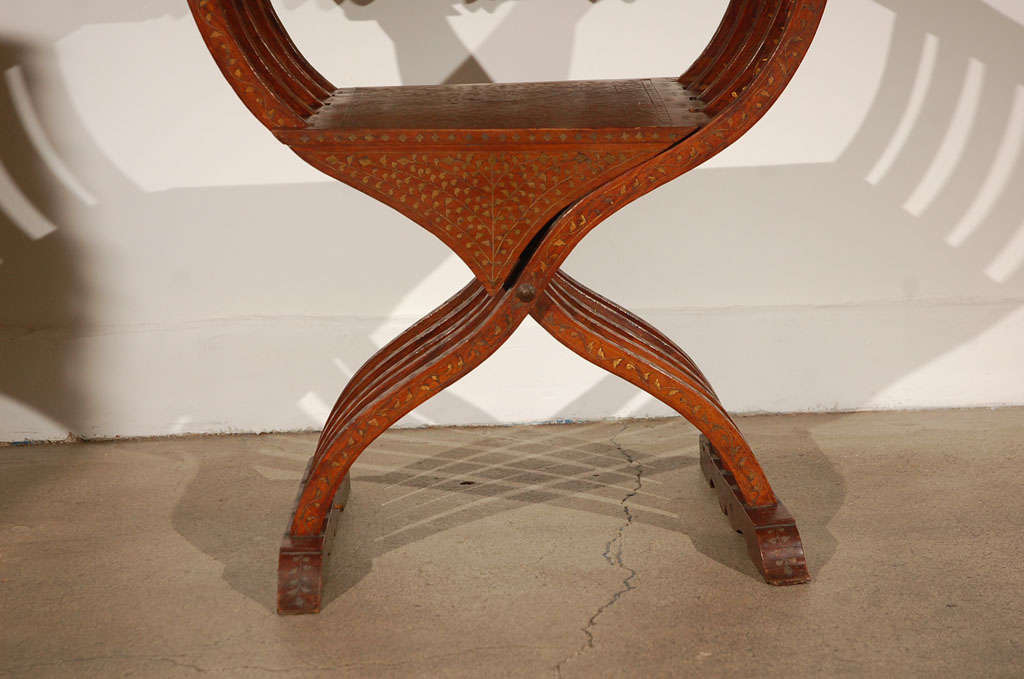 19th Century Anglo-Indian Brass Inlaid Savonarola Chair with Peacocks