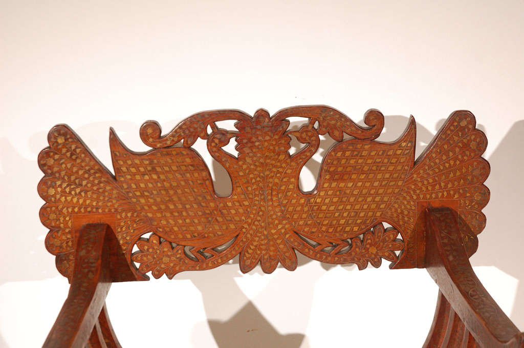 19th Century Anglo-Indian Brass Inlaid Savonarola Chair with Peacocks