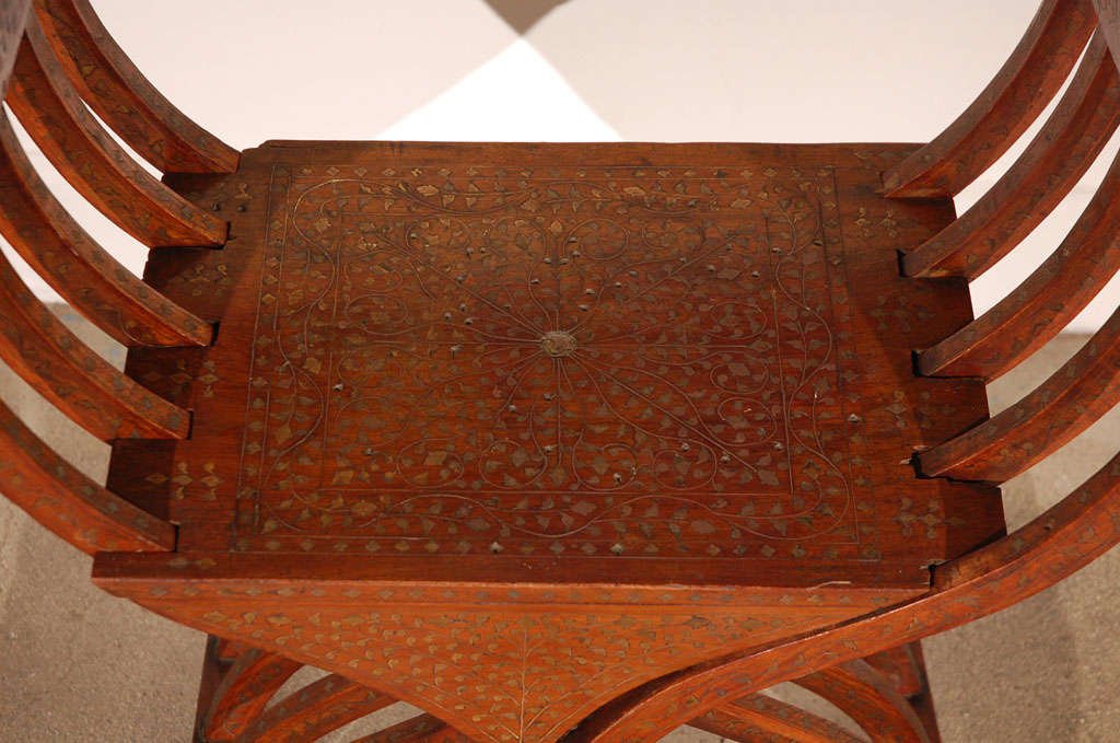 19th Century Anglo-Indian Brass Inlaid Savonarola Chair with Peacocks