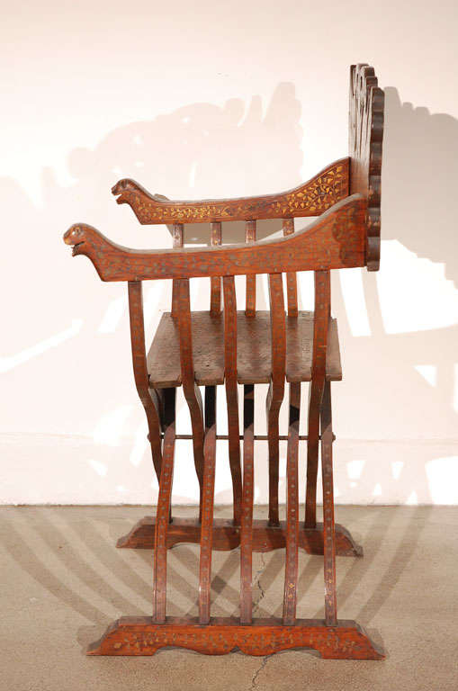 19th Century Anglo-Indian Brass Inlaid Savonarola Chair with Peacocks