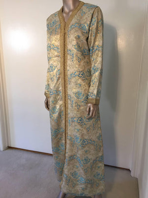 Moroccan Caftan, Turquoise and Gold Brocade Kaftan Size M to L