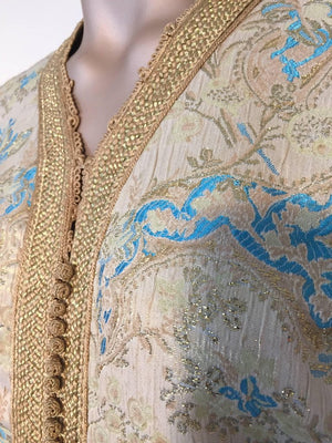 Moroccan Caftan, Turquoise and Gold Brocade Kaftan Size M to L