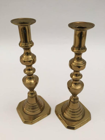 19th C. Pair of Victorian English Brass Beehive Candlesticks