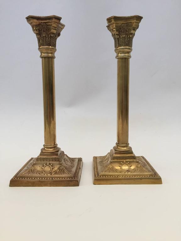 Pair of Antique Victorian Brass Candlesticks Square Base - E-mosaik