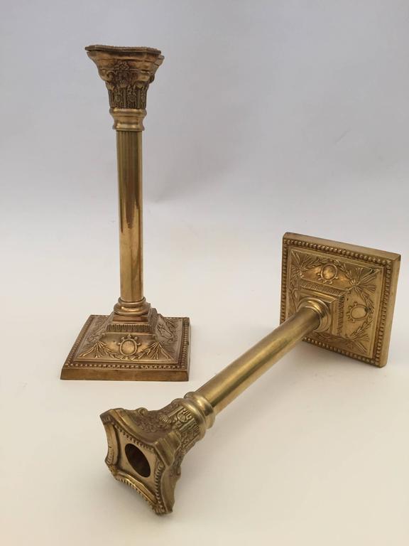 Pair of Antique Victorian Brass Candlesticks Square Base