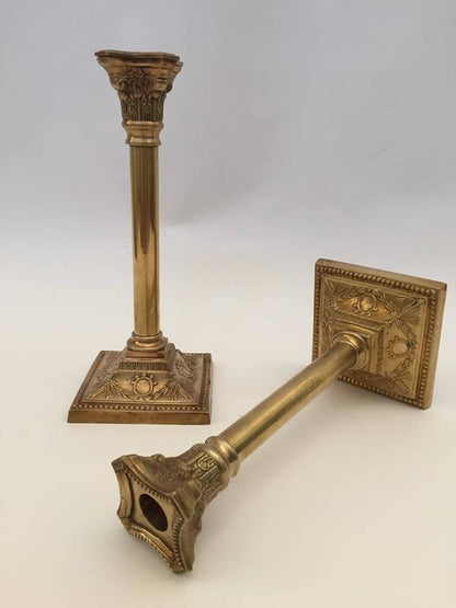Pair of Antique Victorian Brass Candlesticks Square Base