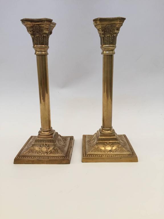 Pair of Antique Victorian Brass Candlesticks Square Base