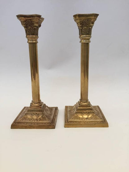 Pair of Antique Victorian Brass Candlesticks Square Base