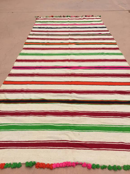 1960s Moroccan Berber Kilim Rug, Multicolor Stripes, 5'11" × 13'5"