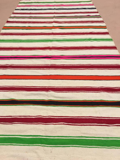 1960s Moroccan Berber Kilim Rug, Multicolor Stripes, 5'11" × 13'5"