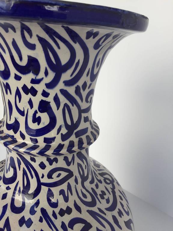 Large Moroccan Ceramic Vase from Fez with Blue Calligraphy Writing