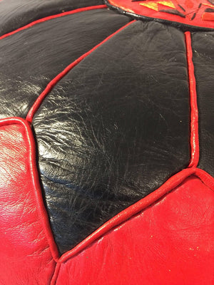 Moroccan Vintage Round Leather Pouf Red and Black