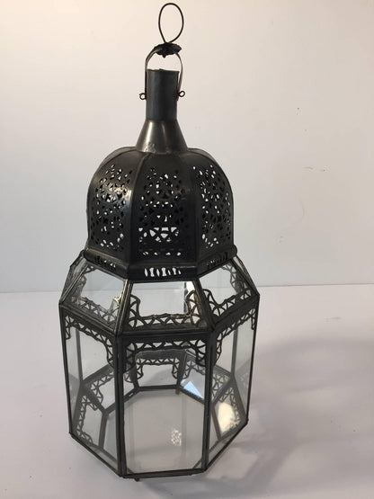Vintage Moroccan Moorish Octagonal Metal and Glass Candle Lantern