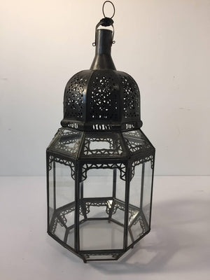 Vintage Moroccan Moorish Octagonal Metal and Glass Candle Lantern