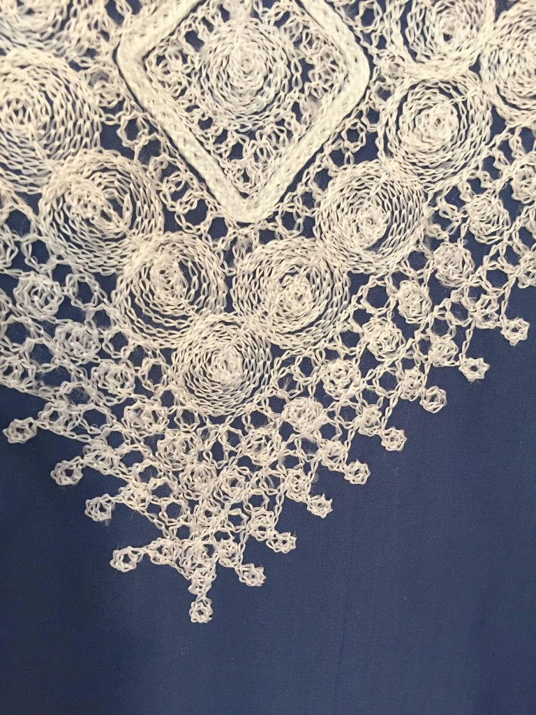 Blue Embroidered Moroccan Caftan Cotton Maxi Dress Size M Circa 1980s